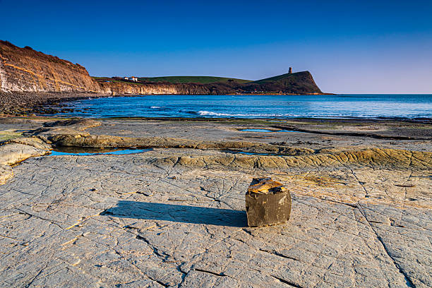 Golden hour at Kimmeridge on the Dorset Coast looking across rocks and sea