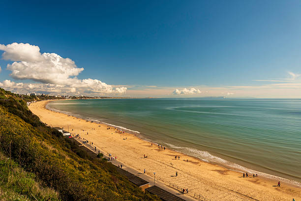 Calm waters at Bournemouth beach illuminated by the setting sun at sunset