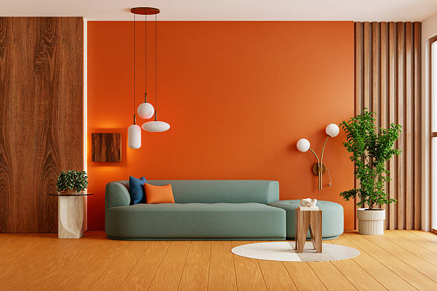 istock Modern cozy reading corner with orange wall and wood elements- 3D rendering 2229824137