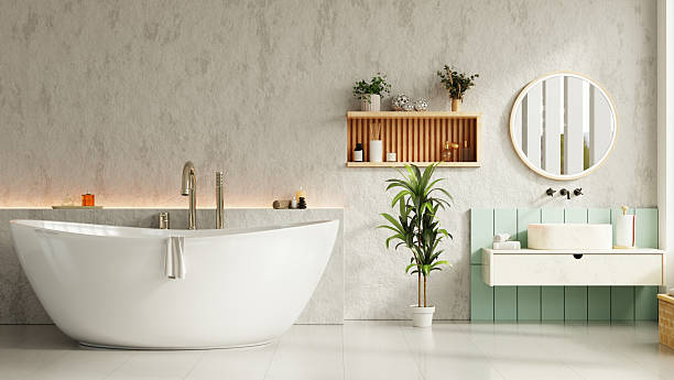 istock Mockup wall modern bathroom interior with pastel tones features a round mirror- 3D rendering 2229824198