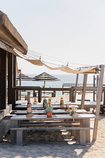 istock Beachfront restaurant tables under canopy with ocean view 2229827999