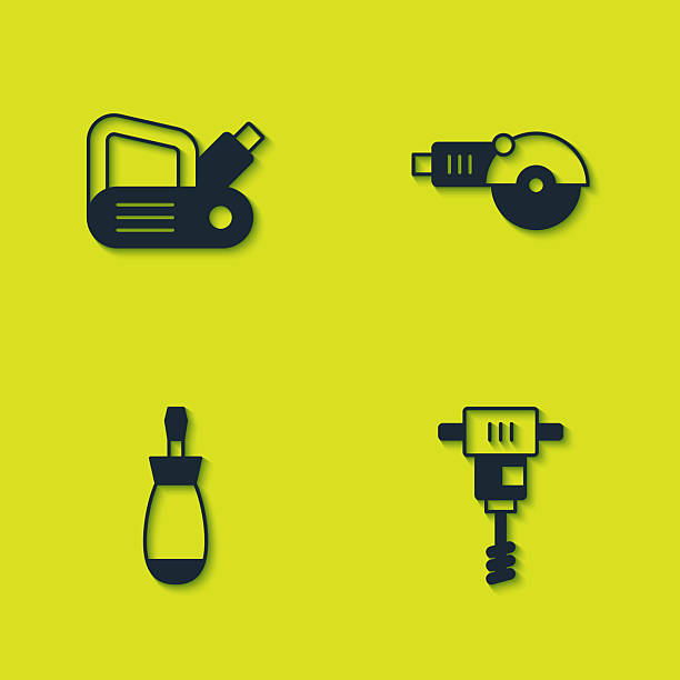 istock Set Electric planer tool, Electrical hand concrete mixer, Screwdriver and Angle grinder icon. Vector 2229842975