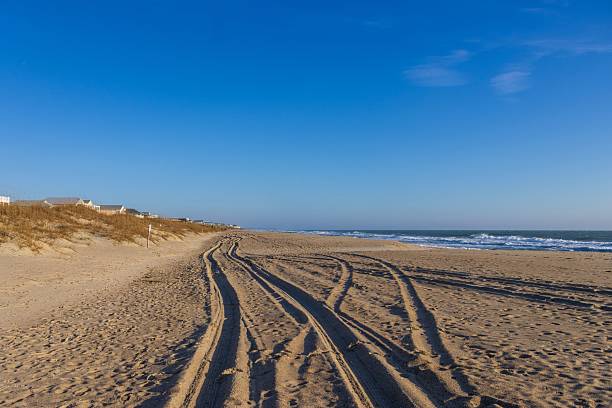 istock Serene beach landscape with tire tracks 2229853537