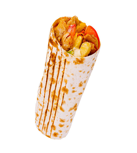istock Delicious chicken wrap with fresh vegetables and sauces on a grill 2229855006
