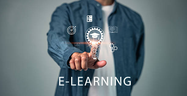 istock Learning and education goals are achieved with e-learning technology, business training and AI, visualized as a man touches a lightbulb with online books and tools for comprehensive training 2229856111