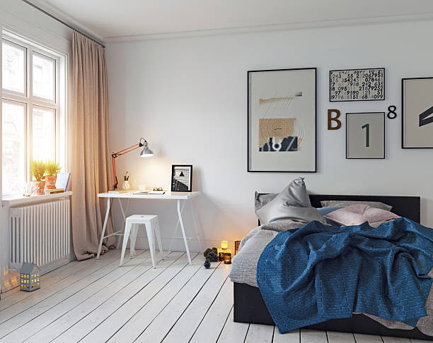 istock Scandinavian Bedroom with a Blue Bed 2229858031