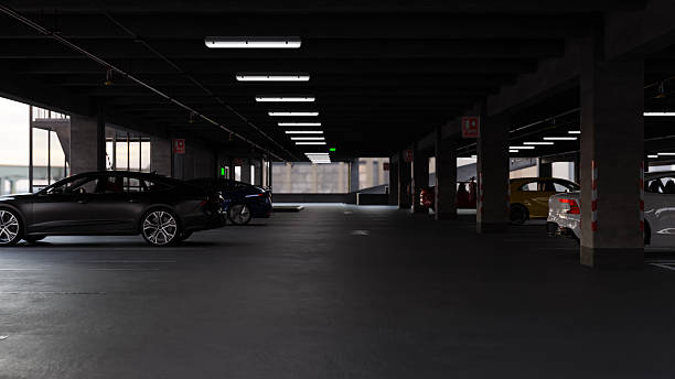 istock Parking garage, interior with a few parked cars. 3D illustration Render 2229860904