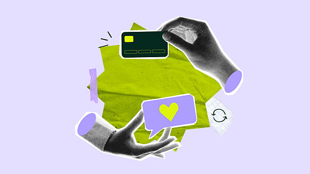 istock Artwork in cutout style of emotional payment card transfer between hands 2229864047