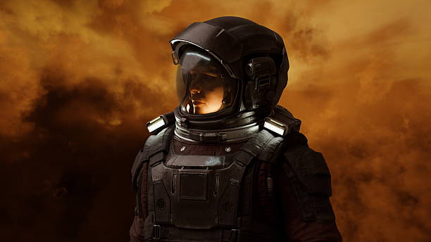 istock astronaut wearing a sleek spacesuit stands confidently in a mesmerizing cosmic environment. background features swirling shades of orange and brown, suggesting a dramatic atmosphere. 3d render 2229864129