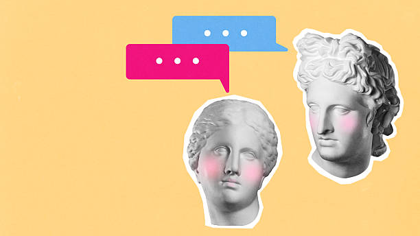 istock Creative digital artwork of classical sculptures chatting with speech bubbles on pastel background 2229865472