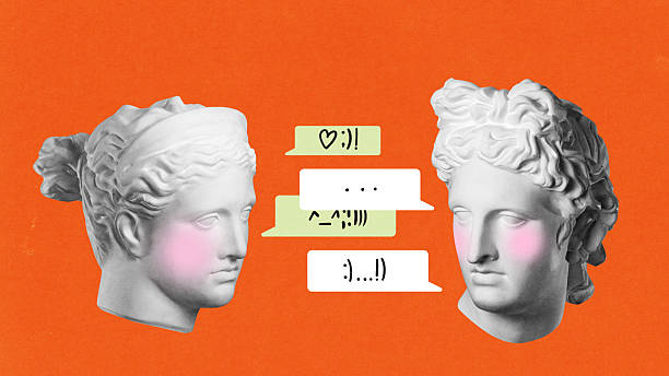 Contemporary collage of classical sculptures texting with speech bubbles on orange background