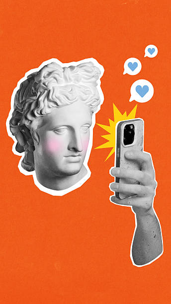 Bold collage of sculpture head taking selfie with smartphone on orange background