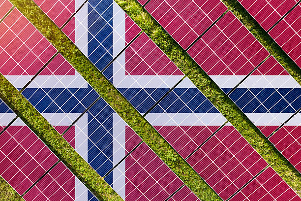 Solar farm superimposed with flag of Norway. Symbolizing solar power and panel demand, renewable energy industry, government policy, and sustainability initiatives in the country.