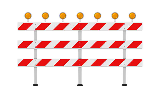 istock Illustration of a construction road barrier with red and white stripes and orange warning lights, which indicates that construction work is underway, ensuring safety 2229865994