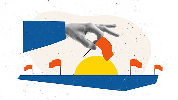 istock Creative digital collage of large hand placing red flag at final point of progress road 2229866012