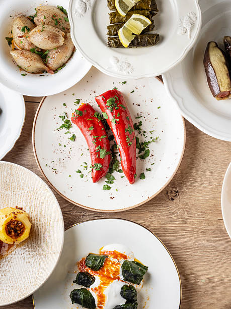 Turkish cultural food Stuffed (dolma). Stuffed vegetables. Stuffed eggplant, pepper, tomato, onions, cabbage leaves, potatoes and ground meat with rice vegetables.