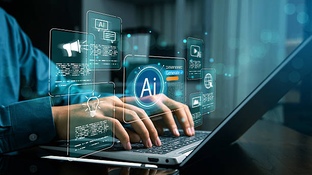 istock Businessman using laptop with Al content generation platform, video, photo, digital data icons, and innovation concepts, artificial intelligence, automation, and futuristic business solutions. 2229868435