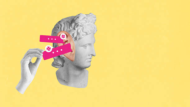 istock Creative template collage of statue head with surreal pink speech bubbles entering ear on yellow background 2229870202