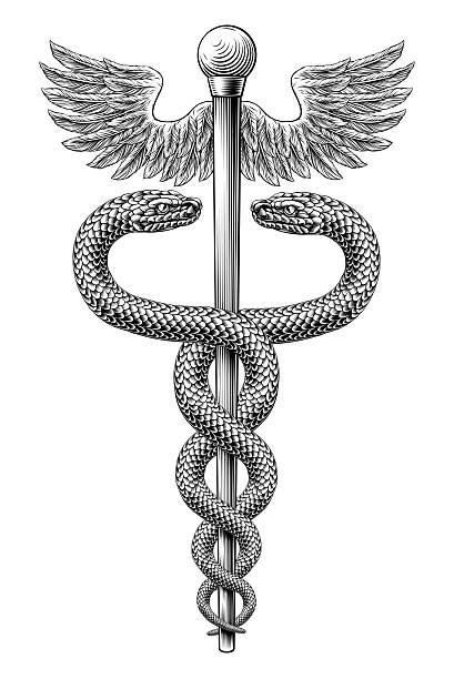 Caduceus staff of Hermes medical or commerce symbol. Snakes around a winged rod. Often used in place of the rod of Asclepius doctor icon for medicine and health care. Vintage woodcut etching style.