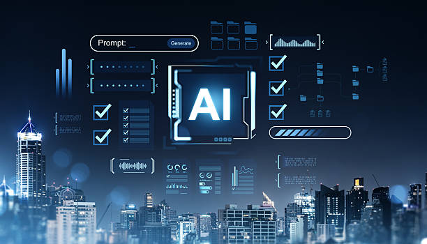 istock Futuristic AI interface with digital data charts and prompt generation concept over modern city skyline at night. 2229880912