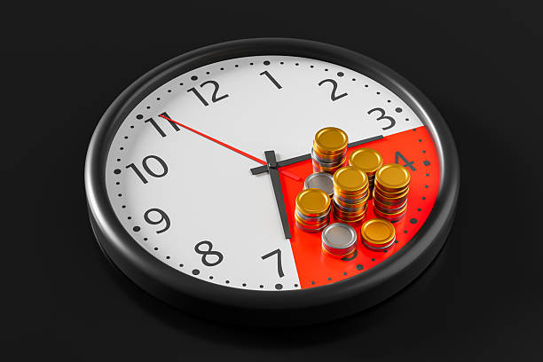 istock Clock with coins stacked on a red quarter segment illustrating time is money concept on dark background. 3D Rendering 2229881206