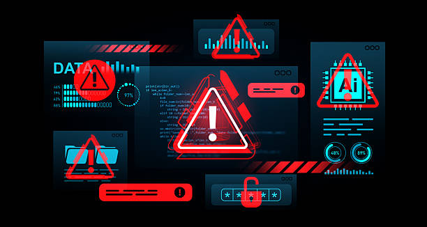 istock Cybersecurity alert interface with warning symbols and data breach elements in a futuristic digital environment concept on dark background. 3D Rendering 2229881824