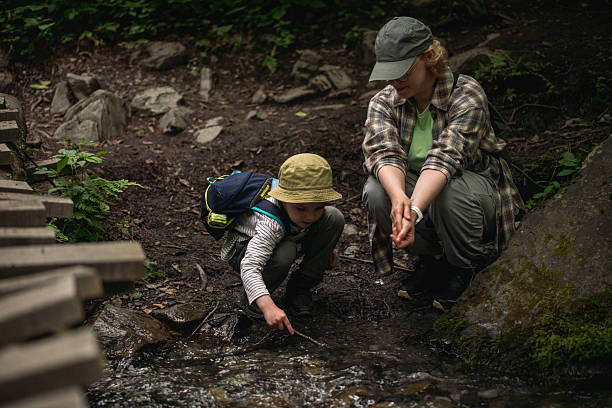 A mother and her young son spend time by a forest creek, enjoying the outdoors, observing water, and connecting with nature during a hiking adventure. Perfect depiction of bonding and natural exploration.