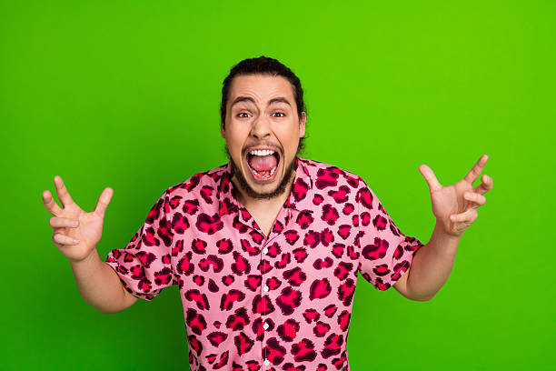 istock Expressive young man in a vibrant pink leopard print shirt gesturing enthusiastically against a bright green background 2229890616
