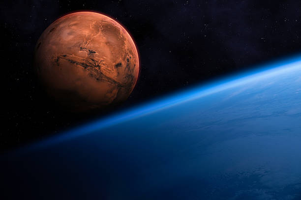 Earth and Mars in space. Solar system planets in deep space. View from space of amazing blue Earth and red planet Mars. High resolution image. Elements of this image furnished by NASA.______ Url(s):\nhttps://photojournal.jpl.nasa.gov/catalog/?IDNumber=PIA23344\nhttps://images.nasa.gov/details-iss067e035826\nAdobe Photoshop CC 2023. Knoll light factory. Adobe After Effects CC 2021.