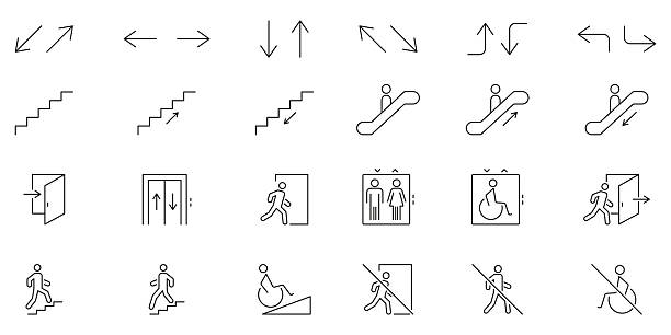 stockillustraties, clipart, cartoons en iconen met directional and accessibility icons set. navigation, movement and accessibility symbols collection. includes arrows, stairs, escalators. editable stroke. isolated vector illustration - lift