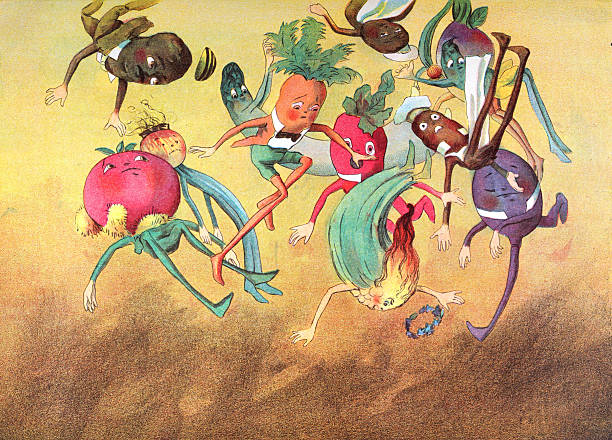 Cartoon, vegetable people falling, Tomato, Carrot, Corn, beetroot, Spring onion, Vintage illustration, The Vege-men's revenge, children's book illustration, Florence K Upton, 1890s