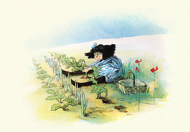 Little girl pulling up vegetables she has grown in her garden, Vintage illustration, The Vege-men's revenge, children's book illustration, Florence K Upton, 1890s