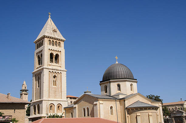 Exterior view of the bell tower and cupola of the Lutheran Church of the Redeemer, a Lutheran church in Jerusalem. stock photo