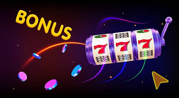 3D neon slot machine with flying disk on isolated background. Online casino. Gambling concept design. 3d vector illustration on isolated background.