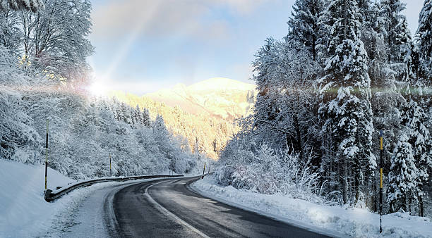 Curving mountain road covered in snow, surrounded by a dense forest of tall trees coated in fresh white snow. The early morning sun breaks over the snowy peaks in the background, casting a golden glow on the distant landscape and illuminating the frosty scene. A peaceful and scenic winter moment in nature.