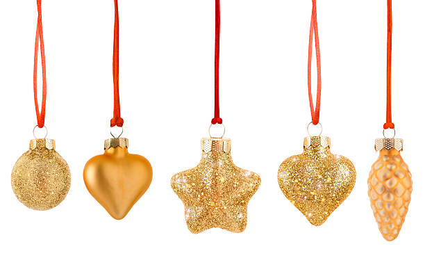 Set of five golden Christmas tree ornaments hanging on red ribbons against a white background. The collection includes a glitter ball, matte gold heart, glitter star, glitter heart, and a pinecone-shaped ornament, each adding festive sparkle and elegance to holiday decor.