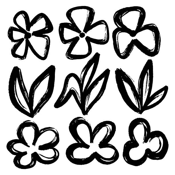 Hand drawn groovy flowers and leaves in black and white paintbrush drawing style