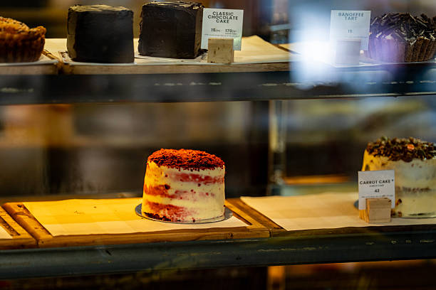 Red Velvet Cake and Assorted Pastries in Display Case