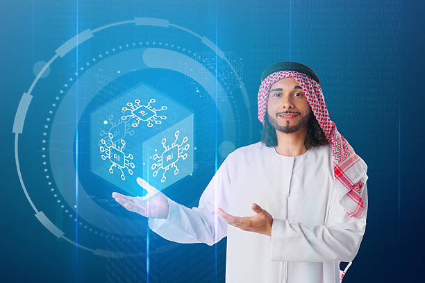 A man dressed in traditional attire stands confidently, presenting a digital cube with holographic circuitry. The modern background highlights advancements in technology and innovation.