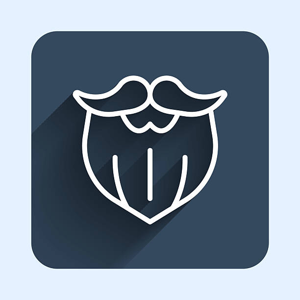 White line Mustache and beard icon isolated with long shadow background. Barbershop symbol. Facial hair style. Blue square button. Vector.