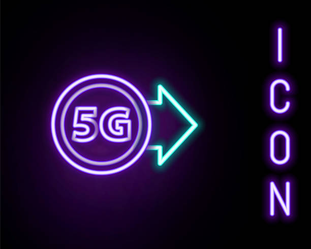 istock Glowing neon line 5G new wireless internet wifi connection icon isolated on black background. Global network high speed connection data rate technology. Colorful outline concept. Vector 2229931407