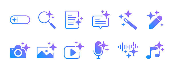 A Generative AI icon logo symbol, Artificial intelligence sign, It included music generated, image generate, magic, sparkle stars and more icons.