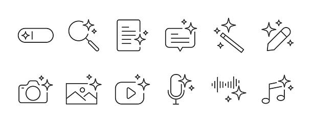 Generative AI icon logo symbol, Artificial intelligence sign, It included music generated, image generate, magic, sparkle stars and more icons. Editable Vector Stroke. A Generative AI icon logo symbol, Artificial intelligence sign, It included music generated, image generate, magic, sparkle stars and more icons. Editable Vector Stroke. retouched stock illustrations