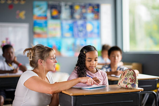 istock Teacher Assisting Student in Colorful Classroom Setting with Engaged Students 2229948421