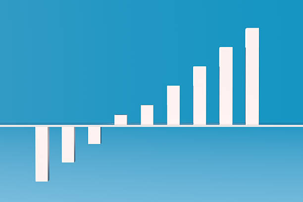 Bar chart with rising columns transforming from negative to positive on a blue background, symbolizing financial recovery and positive economic trends