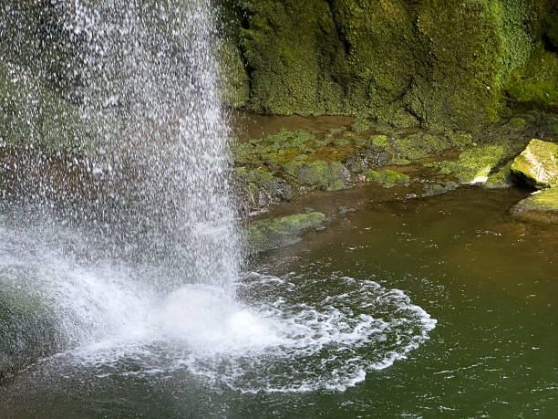 A waterfall is spraying water into a pool of water
