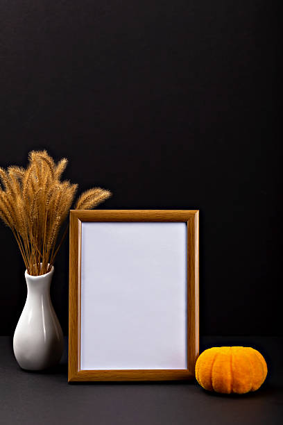 istock Empty wooden frame with white background, decorative pumpkin and dried grass on dark surface 2229959882
