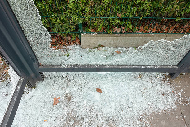 istock Broken glass on the ground near a damaged structure surrounded by greenery and fallen leaves 2229960564