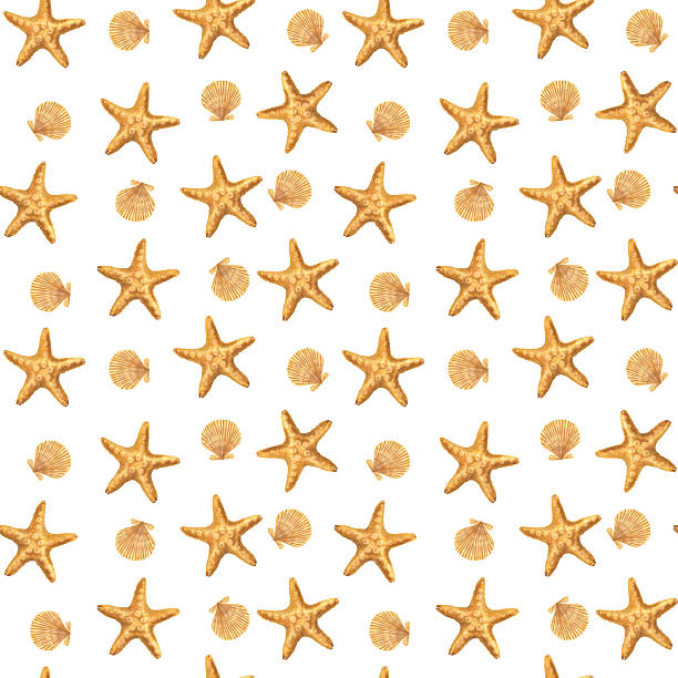 istock Seamless pattern with orange starfish and scallop. Hand drawn watercolor illustration of nautical background for baby textile design or nursery wallpaper. Simple, marine, beach backdrop for kids 2229966220