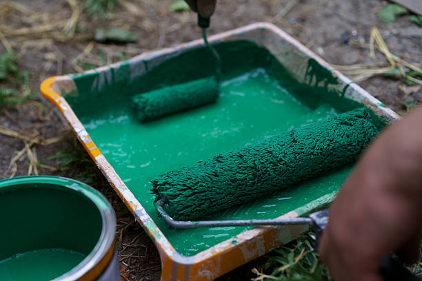 istock Fresh coat application in progress with green paint and tools on a garden floor setting during afternoon 2229978563